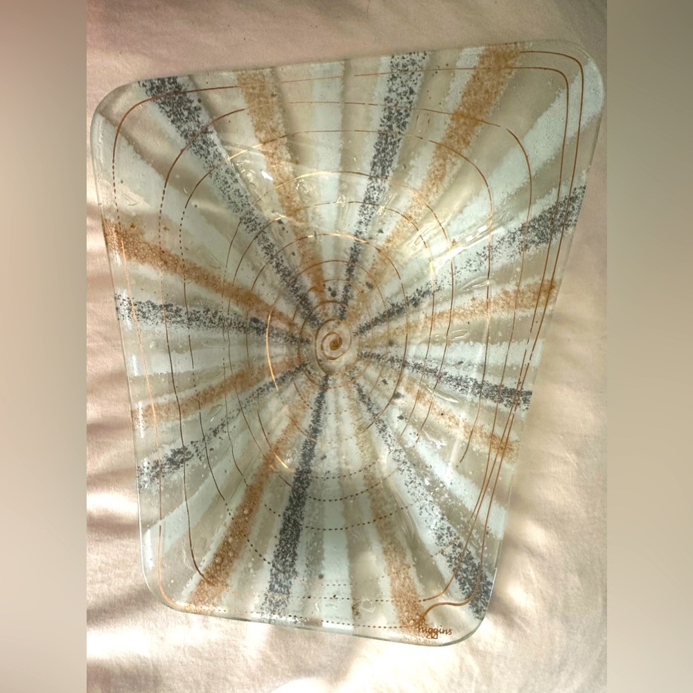 Higgins Asymmetrical Handcrafted MCM Gold Spiral Glass Tray Platter Dish Signed